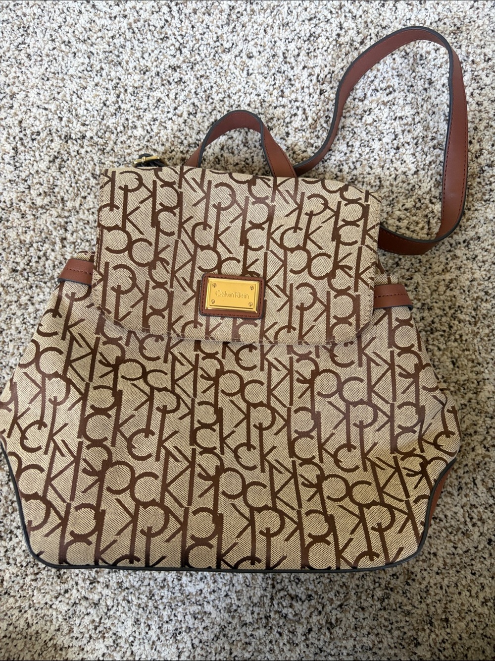 Calvin Klein Brown Logo Monogram Crossbody with Gold Plaque